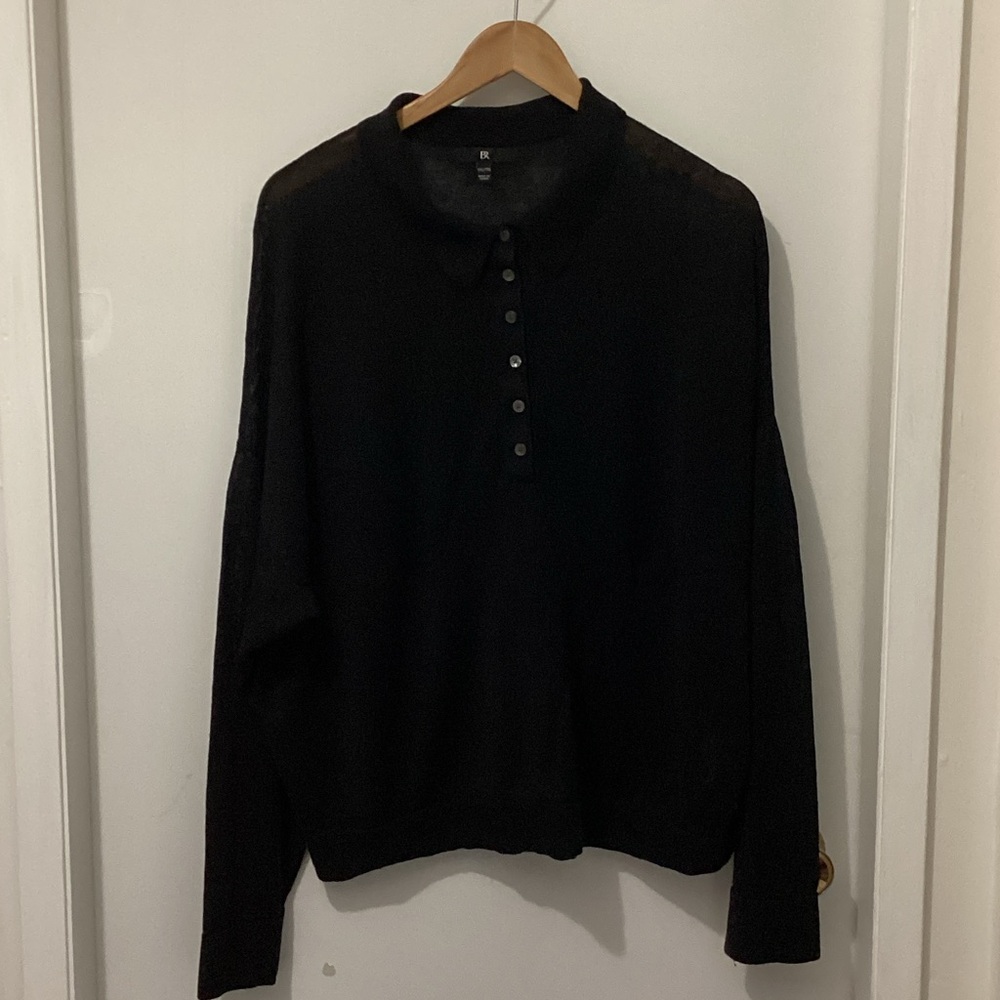 Black Linen mix Long Sleeve Polo Sweater